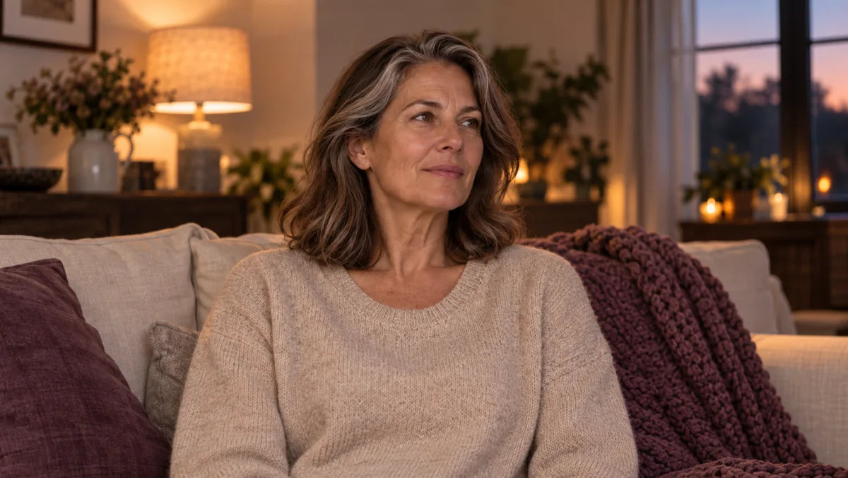 Illustrative scene of a woman in midlife sitting on a sofa at home in the evening.