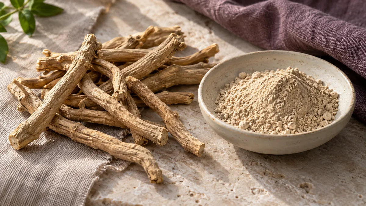 Illustration of dried roots and beige powder in a ceramic dish.