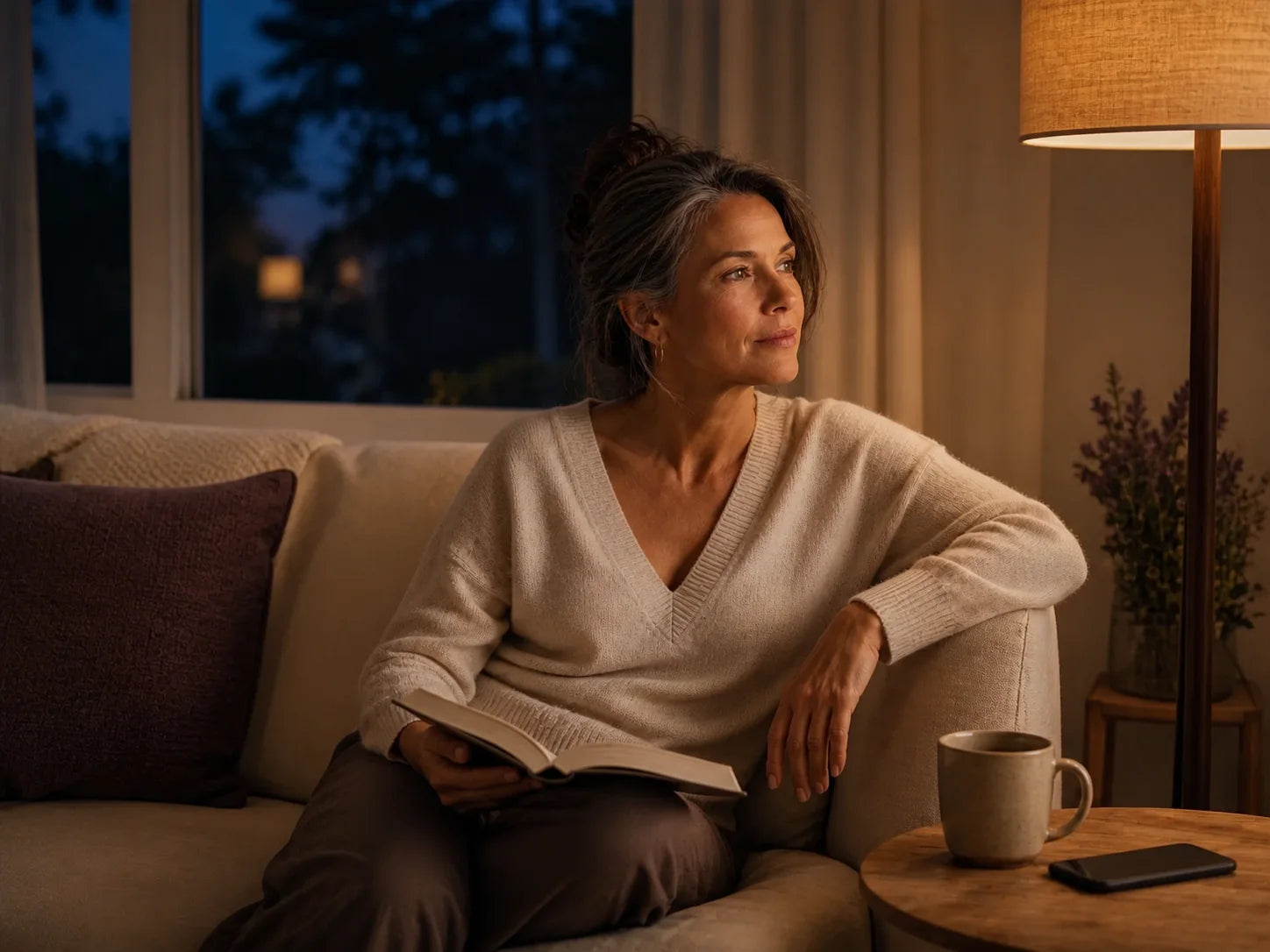 Woman sitting with an unread book during a quiet evening at home