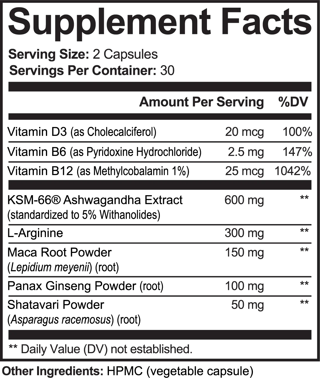 Ravira Supplement Facts: all eight active amounts per two-capsule serving, also listed in the text above.